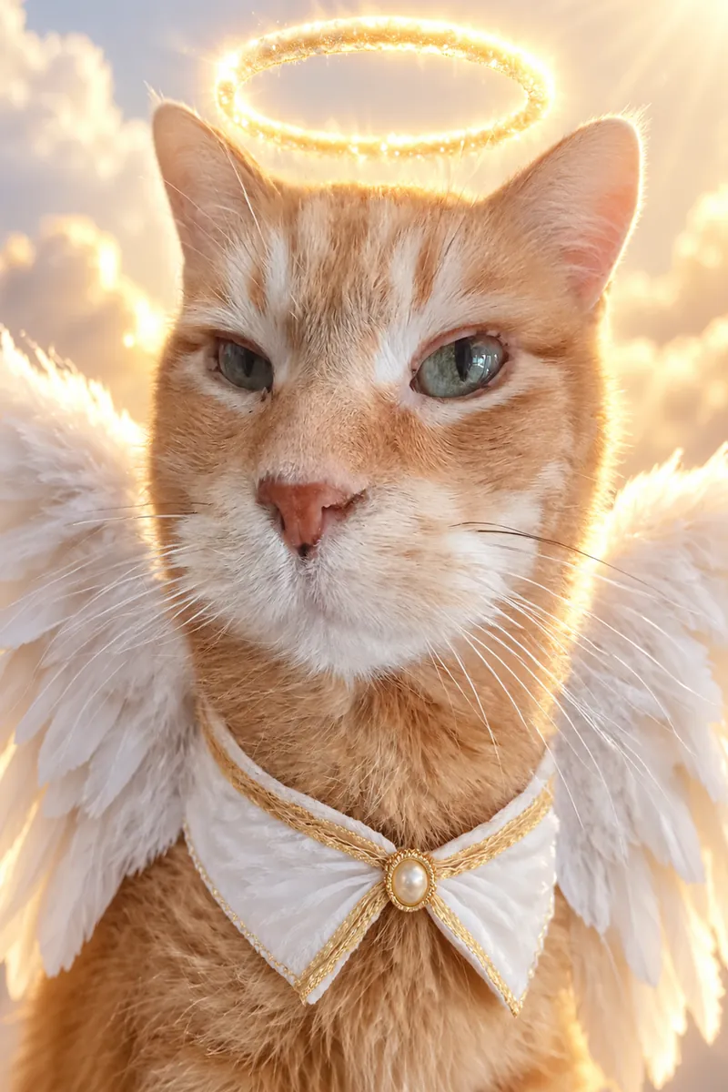 Ginger tabby cat in AI angel Halloween costume
