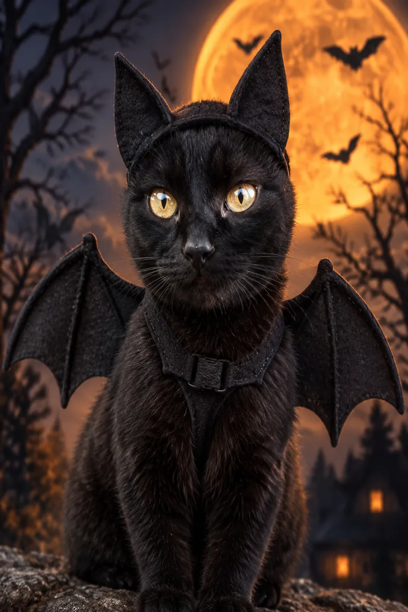 Black cat in AI bat Halloween costume