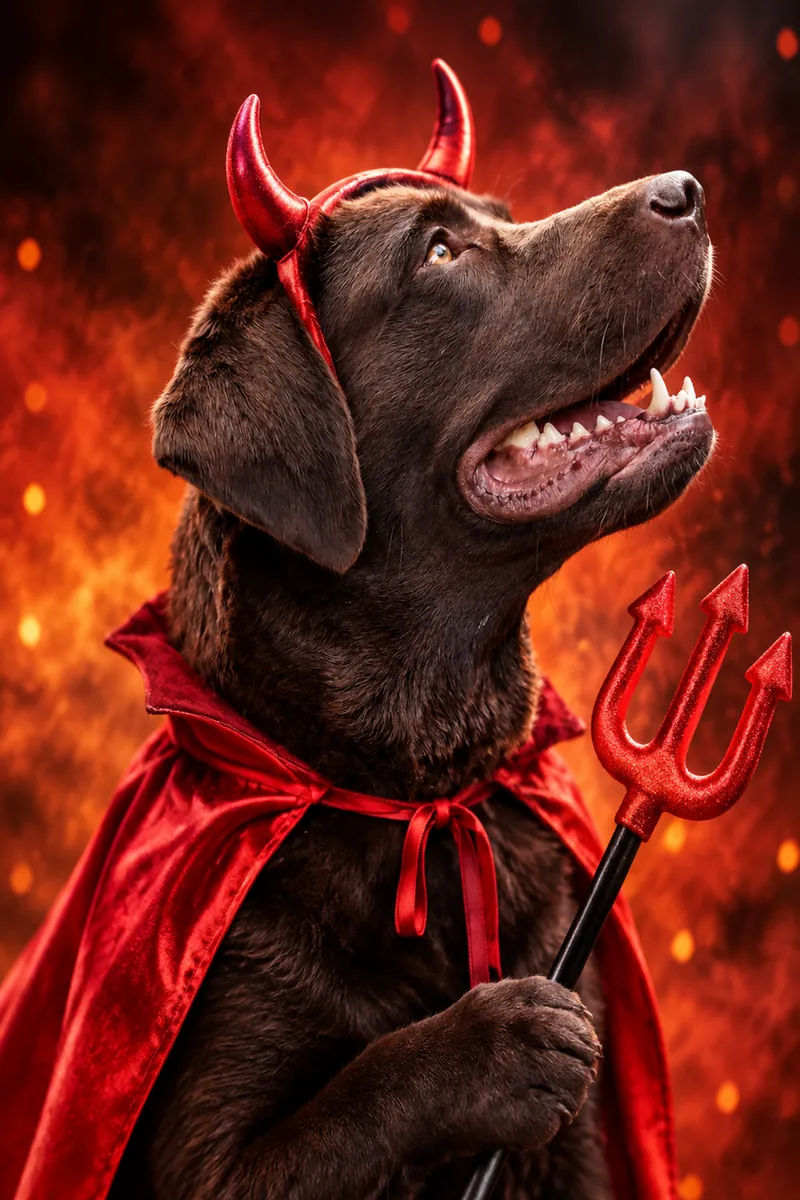 Chocolate Labrador in AI little devil Halloween costume