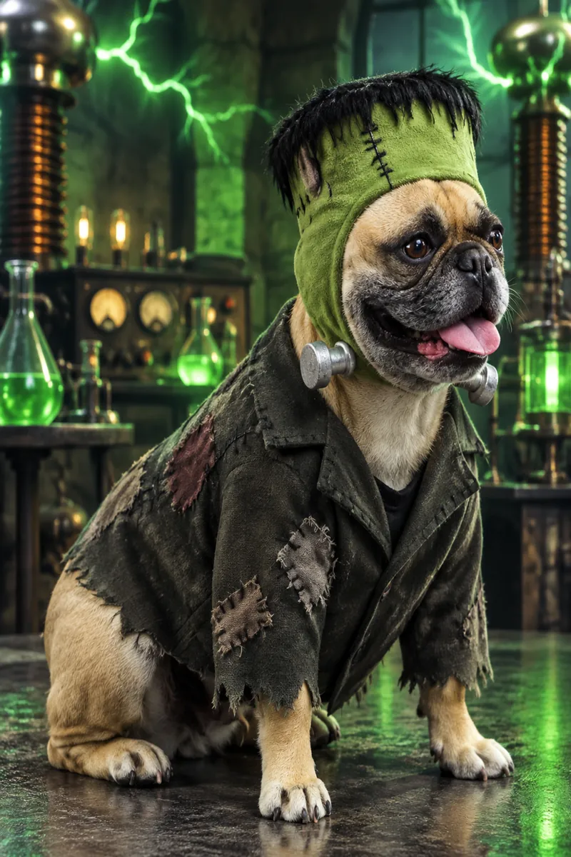 French bulldog in AI monster lab Halloween costume
