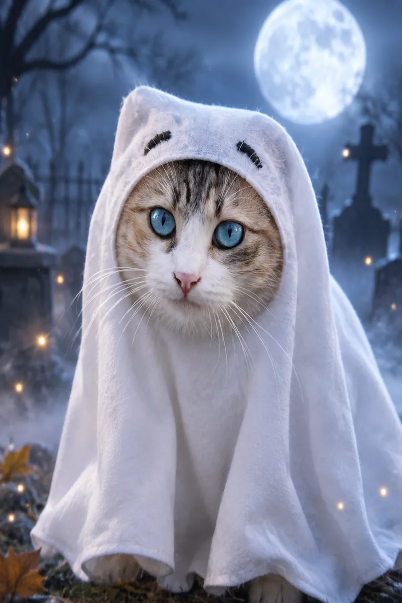 Tabby cat in AI ghost Halloween costume