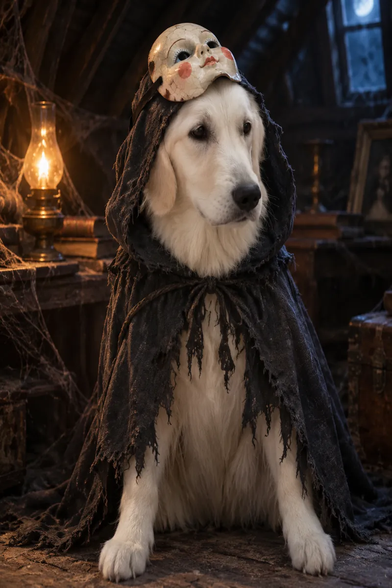 Golden retriever in AI spooky masked stranger Halloween costume