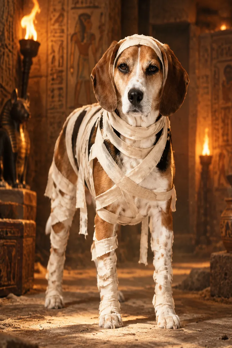 Beagle in AI mummy Halloween costume
