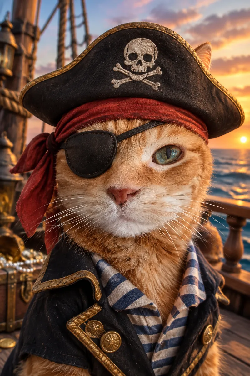 Ginger tabby cat in AI pirate Halloween costume