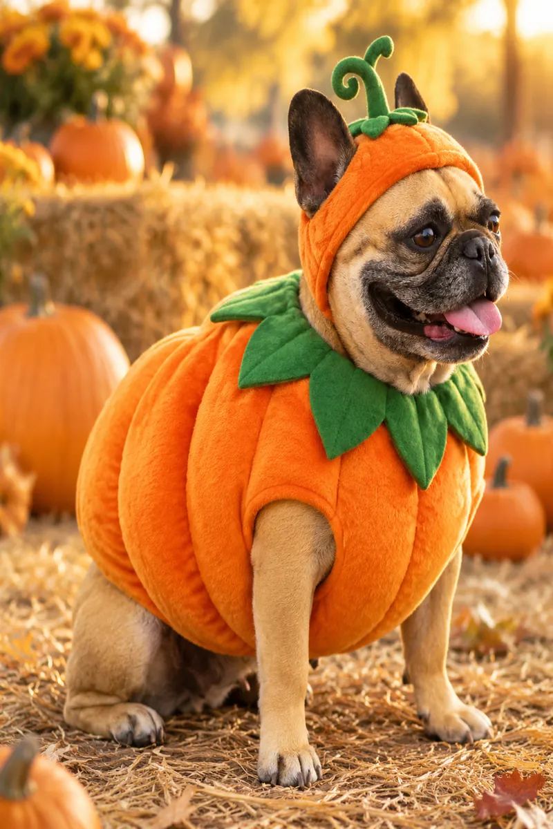 French bulldog in AI pumpkin Halloween costume