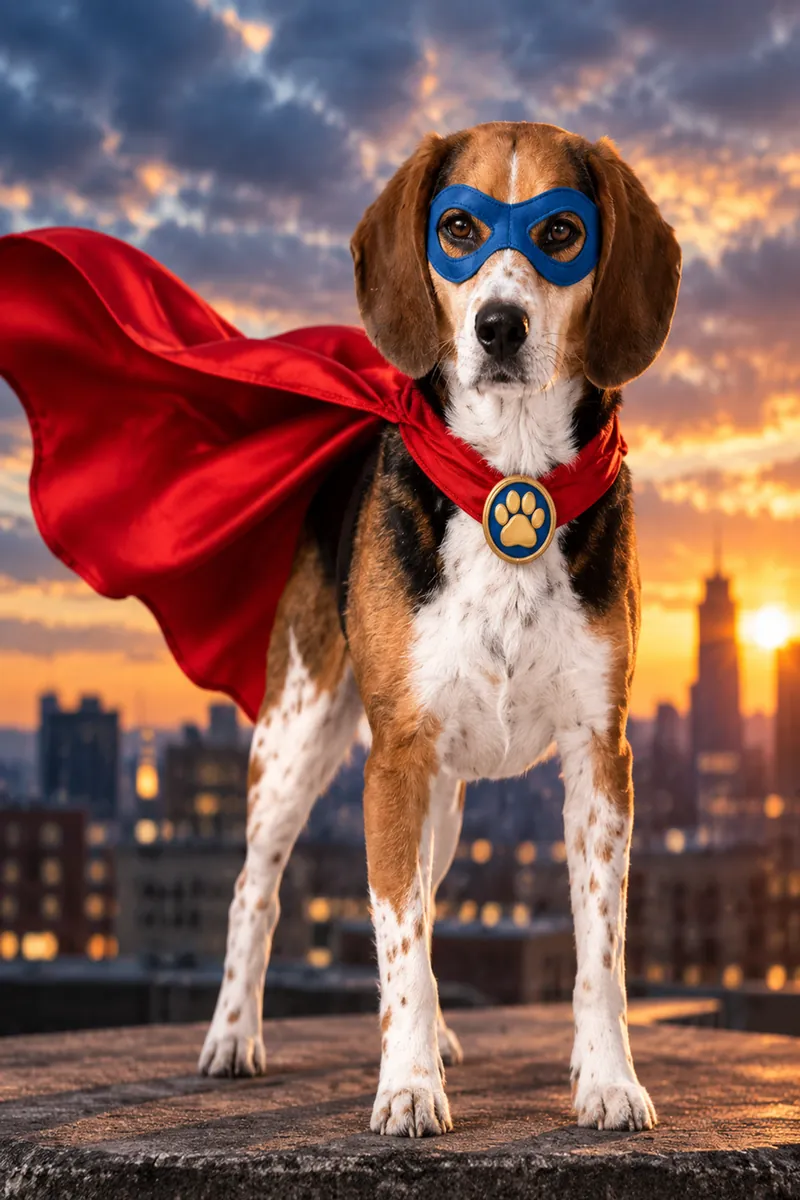 Beagle in AI superhero Halloween costume
