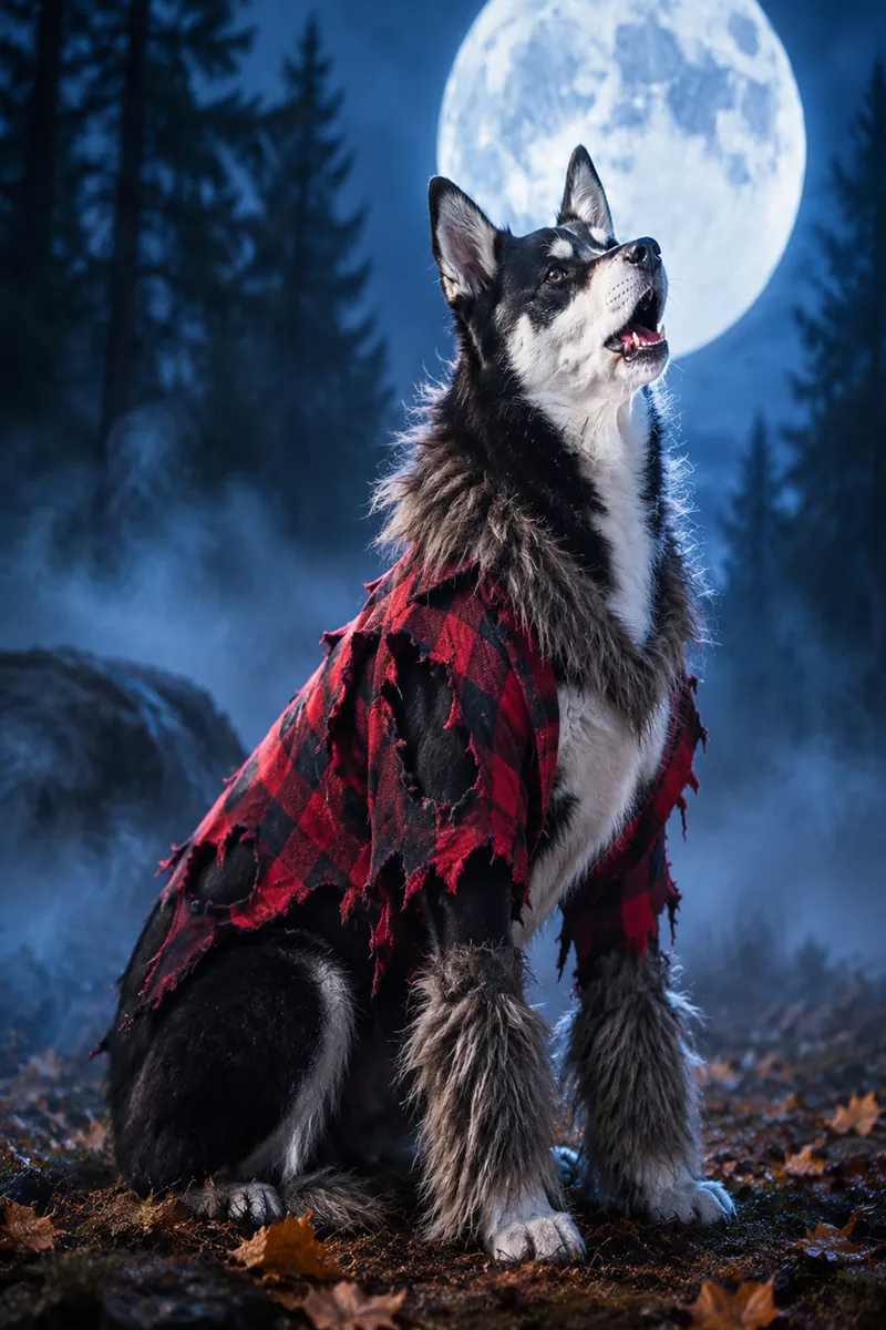 Husky mix in AI werewolf Halloween costume