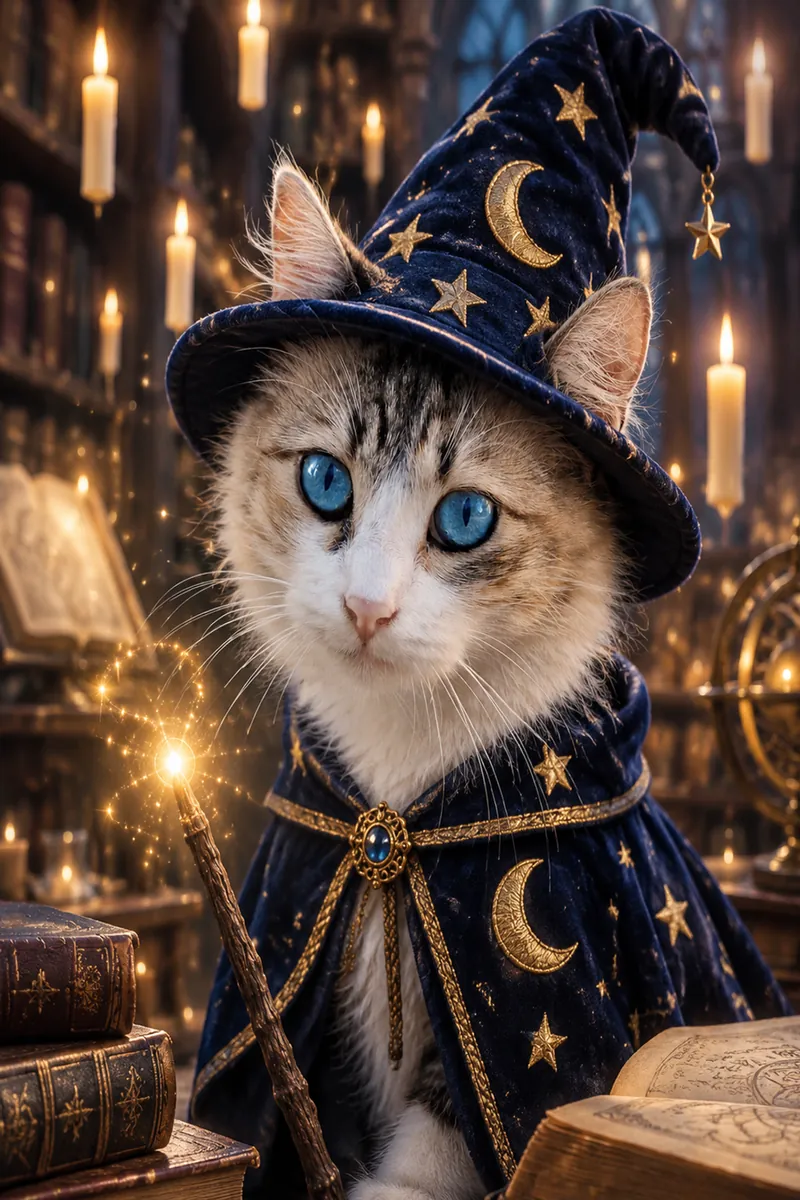 Tabby cat in AI wizard Halloween costume